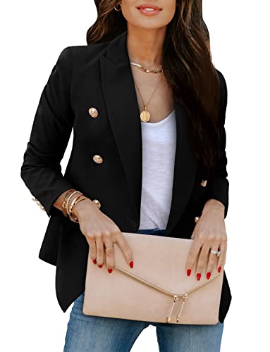 CRAZY GRID Womens Lapel Double Breasted Blazer Jackets Open Front Business Casual Suit Jacket Long Sleeve Dressy Blazer Ladies Work Office Blazer Black X-Large