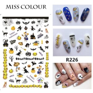 8 Sheets Halloween Nail Art Stickers Decals Self-Adhesive Pegatinas Uñas Cute Scream Horror Skull Spider Web Witch Nail Supplies Nail Art Design Decoration Accessories