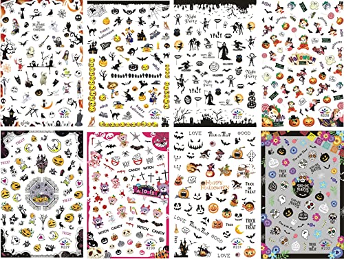 8 Sheets Halloween Nail Art Stickers Decals Self-Adhesive Pegatinas Uñas Cute Scream Horror Skull Spider Web Witch Nail Supplies Nail Art Design Decoration Accessories