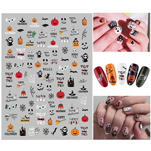 8 Sheets Halloween Nail Stickers 3D Halloween Nail Decals Halloween Pumpkin Skull Bat Nail Stickers Holographic Horror Stickers Accessories for Halloween for Women Girls Acrylic Nails DTY Halloween