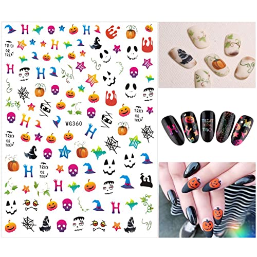 8 Sheets Halloween Nail Stickers 3D Halloween Nail Decals Halloween Pumpkin Skull Bat Nail Stickers Holographic Horror Stickers Accessories for Halloween for Women Girls Acrylic Nails DTY Halloween