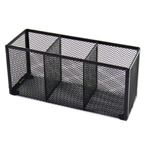 flytreal black mesh pen pencil holder, small metal desk organizer desktop stationery office supplies acessories storage stand, 3 compartments brushes holder for home school classroom teachers