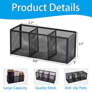 Flytreal Black Mesh Pen Pencil Holder, Small Metal Desk Organizer Desktop Stationery Office Supplies Acessories Storage Stand, 3 Compartments Brushes Holder for Home School Classroom Teachers