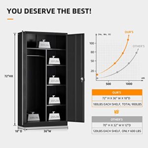 INTERGREAT Metal Storage Cabinet with Locking Doors, 72" Tall Storage Wardrobe with Lock and Hanging Rod, Steel Storage Locker Closet with 4 Adjustable Shelves for Home Office, Garage, Black