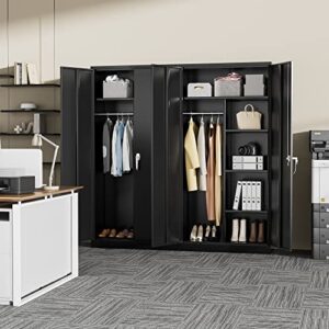 INTERGREAT Metal Storage Cabinet with Locking Doors, 72" Tall Storage Wardrobe with Lock and Hanging Rod, Steel Storage Locker Closet with 4 Adjustable Shelves for Home Office, Garage, Black