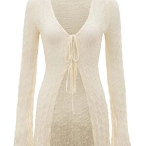 WDIRARA Women's Sheer Mesh Deep V Neck Tie Front Long Sleeve See Through Top Beige L