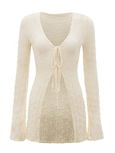 WDIRARA Women's Sheer Mesh Deep V Neck Tie Front Long Sleeve See Through Top Beige L