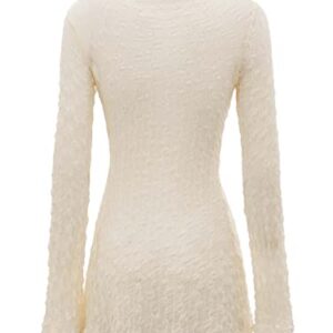 WDIRARA Women's Sheer Mesh Deep V Neck Tie Front Long Sleeve See Through Top Beige L