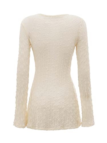 WDIRARA Women's Sheer Mesh Deep V Neck Tie Front Long Sleeve See Through Top Beige L