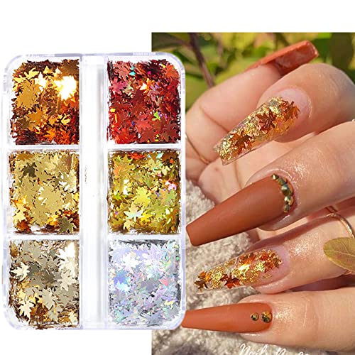 Maple Leaf Nail Glitter Sequins 3D Holographic Fall Leaves Nail Art Flakes 6 Colors Laser Autumn Leaf Nails Decals Stickers for Acrylic Nails Decorations DIY Crafts