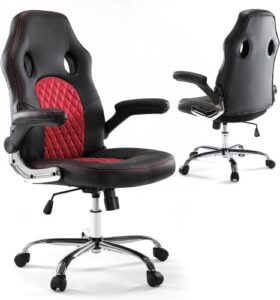 ergonomic gaming chair - mid back pu leather home office desk chairs, flip up armrest computer task chair with lumbar support wheels, rocking, and swivel, red