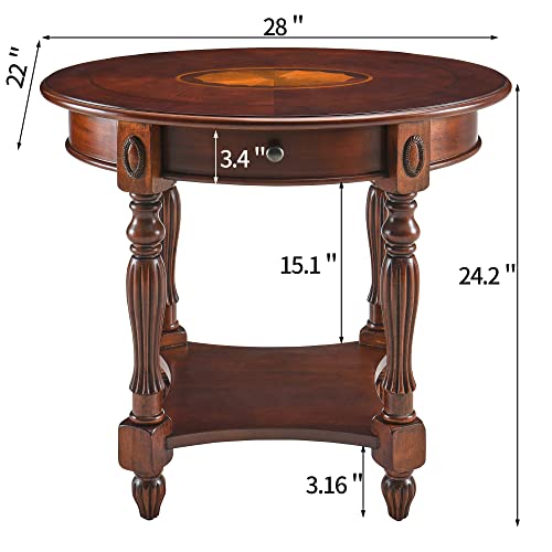 MODERION Solid Wood End Table with Drawer, Oval Sofa Side Table, Storage Shelf, Living Room Corner Table, Nightstand, 24”H Cherry Walnut CJZ1533WD-DR