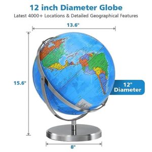 13" World Globe with Stand, 720° Swivels in All Directions, Stainless Steel Stand, Geographic/Decorative Desktop Decoration World Globe Map with Clear Text for Home, School, Office