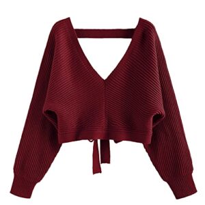 zaful women's v neck cropped sweater ribbed knit pullover tops sexy drop shoulder jumpers c-red