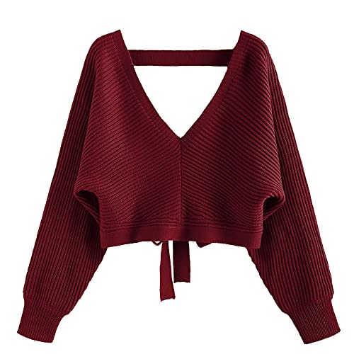 ZAFUL Women's V Neck Cropped Sweater Ribbed Knit Pullover Tops Sexy Drop Shoulder Jumpers C-red