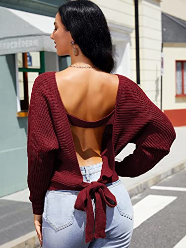 ZAFUL Women's V Neck Cropped Sweater Ribbed Knit Pullover Tops Sexy Drop Shoulder Jumpers C-red