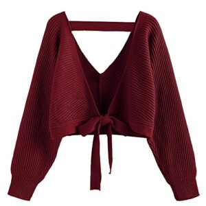 ZAFUL Women's V Neck Cropped Sweater Ribbed Knit Pullover Tops Sexy Drop Shoulder Jumpers C-red