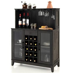 loko wine bar cabinet, liquor cabinet with removable wine rack, farmhouse buffet sideboard storage cabinet with adjustable shelves & tempered glass doors, 38.5 x 16 x 48.5 inches (black)