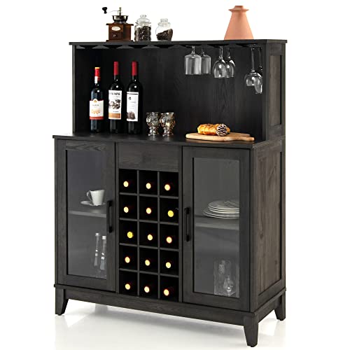 LOKO Wine Bar Cabinet, Liquor Cabinet with Removable Wine Rack, Farmhouse Buffet Sideboard Storage Cabinet with Adjustable Shelves & Tempered Glass Doors, 38.5 x 16 x 48.5 inches (Black)