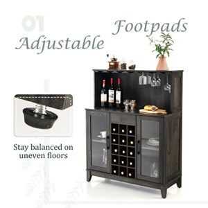 LOKO Wine Bar Cabinet, Liquor Cabinet with Removable Wine Rack, Farmhouse Buffet Sideboard Storage Cabinet with Adjustable Shelves & Tempered Glass Doors, 38.5 x 16 x 48.5 inches (Black)