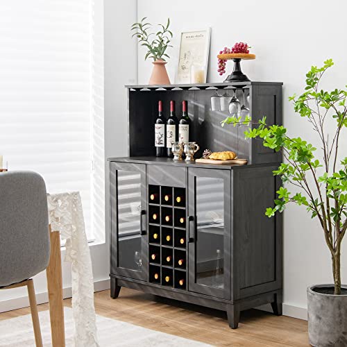 LOKO Wine Bar Cabinet, Liquor Cabinet with Removable Wine Rack, Farmhouse Buffet Sideboard Storage Cabinet with Adjustable Shelves & Tempered Glass Doors, 38.5 x 16 x 48.5 inches (Black)