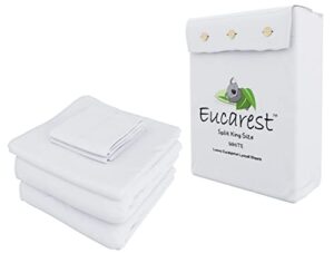 split-king eucalyptus lyocell bed sheets, hypoallergenic 100% organic tencel, thermal regulating and moisture wicking for hot sleepers, superior to bamboo viscose. extra deep pockets - white