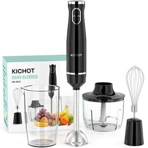 kichot emersion hand blender, 1000w 4 in 1 electric stick blender for kitchen with food chopper, egg whisk, stainless sticker, 600ml mixing beaker for smoothies, soups, sauces, baby food ( black)