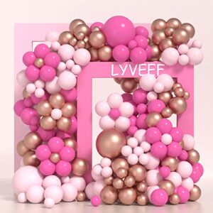 pink balloon arch garland kit, 5+12+18 inch hot pink metallic rose gold light pink balloons for woman and girls birthday party princess theme party wedding engagement party baby shower