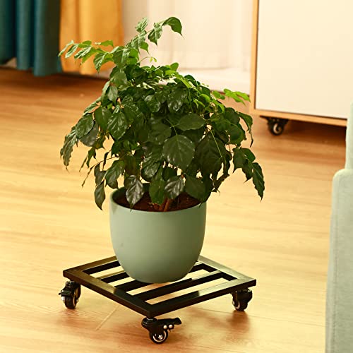 Large Metal Square Plant Caddy with Wheels 13.6” Iron Wrought Rolling Plant Stand with Casters Heavy-Duty Plant Dolly for Indoor and Outdoor Plant Pot Roller Base Square Plant Movers, Glossy Black