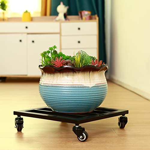 Large Metal Square Plant Caddy with Wheels 13.6” Iron Wrought Rolling Plant Stand with Casters Heavy-Duty Plant Dolly for Indoor and Outdoor Plant Pot Roller Base Square Plant Movers, Glossy Black