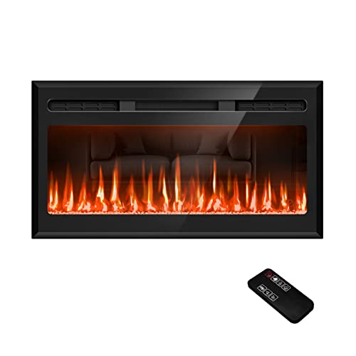 31" Mirrored Electric Fireplace Wall Mounted and Recessed, Ultra-Thin Electric Fireplace Inserts, Fireplace Heater and Linear Fireplace with Timer/Remote Control/12 Adjustable Flame Color, 750w/1500w