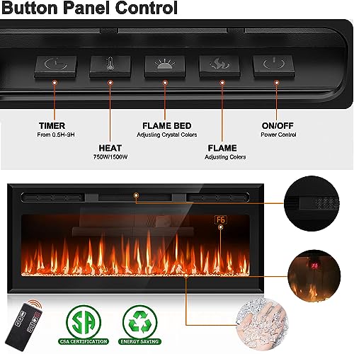 31" Mirrored Electric Fireplace Wall Mounted and Recessed, Ultra-Thin Electric Fireplace Inserts, Fireplace Heater and Linear Fireplace with Timer/Remote Control/12 Adjustable Flame Color, 750w/1500w