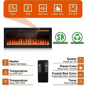 31" Mirrored Electric Fireplace Wall Mounted and Recessed, Ultra-Thin Electric Fireplace Inserts, Fireplace Heater and Linear Fireplace with Timer/Remote Control/12 Adjustable Flame Color, 750w/1500w