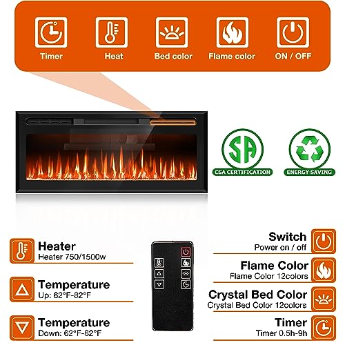 31" Mirrored Electric Fireplace Wall Mounted and Recessed, Ultra-Thin Electric Fireplace Inserts, Fireplace Heater and Linear Fireplace with Timer/Remote Control/12 Adjustable Flame Color, 750w/1500w