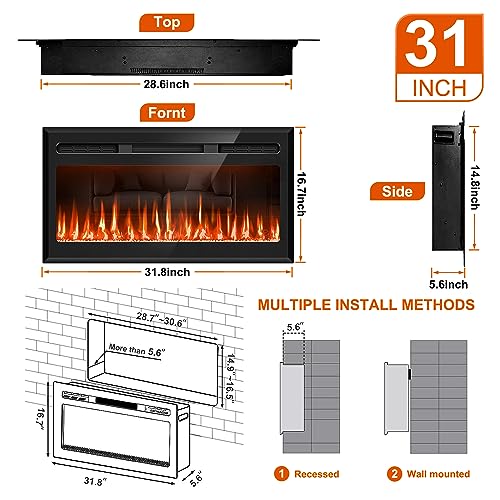 31" Mirrored Electric Fireplace Wall Mounted and Recessed, Ultra-Thin Electric Fireplace Inserts, Fireplace Heater and Linear Fireplace with Timer/Remote Control/12 Adjustable Flame Color, 750w/1500w