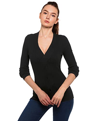 AmélieBoutik Women V Neck Twist Front Cable Knit Long Sleeve Ribbed Sweater (Black Medium)