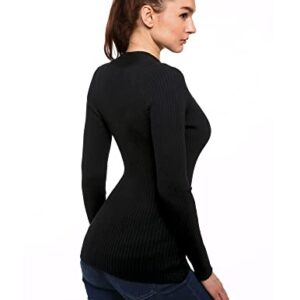 AmélieBoutik Women V Neck Twist Front Cable Knit Long Sleeve Ribbed Sweater (Black Medium)