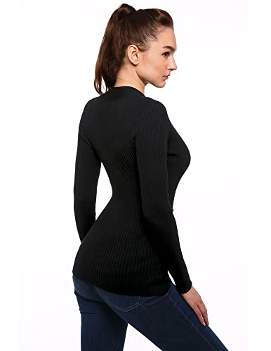 AmélieBoutik Women V Neck Twist Front Cable Knit Long Sleeve Ribbed Sweater (Black Medium)