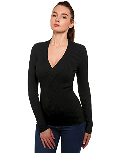 AmélieBoutik Women V Neck Twist Front Cable Knit Long Sleeve Ribbed Sweater (Black Medium)