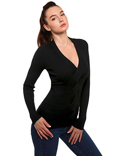 AmélieBoutik Women V Neck Twist Front Cable Knit Long Sleeve Ribbed Sweater (Black Medium)