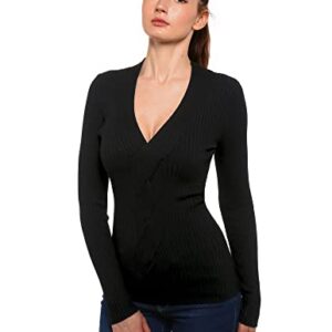 AmélieBoutik Women V Neck Twist Front Cable Knit Long Sleeve Ribbed Sweater (Black X-Small)