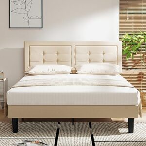 vecelo queen size upholstered bed frame with height adjustable fabric headboard, heavy-duty platform bedframe/mattress foundation/strong wood slat support/no box spring needed, beige