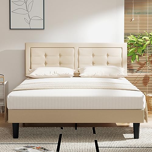 VECELO Queen Size Upholstered Bed Frame with Height Adjustable Fabric Headboard, Heavy-Duty Platform Bedframe/Mattress Foundation/Strong Wood Slat Support/No Box Spring Needed, Beige