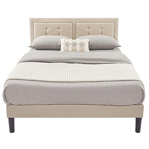 VECELO Queen Size Upholstered Bed Frame with Height Adjustable Fabric Headboard, Heavy-Duty Platform Bedframe/Mattress Foundation/Strong Wood Slat Support/No Box Spring Needed, Beige