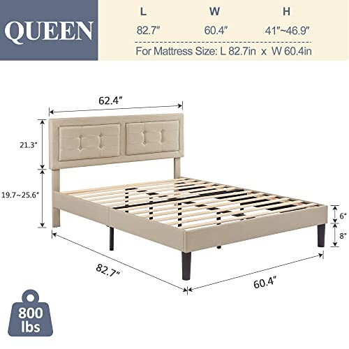 VECELO Queen Size Upholstered Bed Frame with Height Adjustable Fabric Headboard, Heavy-Duty Platform Bedframe/Mattress Foundation/Strong Wood Slat Support/No Box Spring Needed, Beige