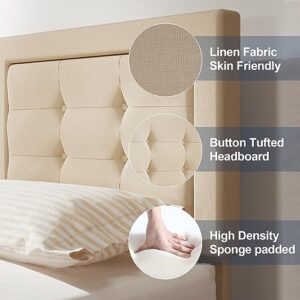 VECELO Queen Size Upholstered Bed Frame with Height Adjustable Fabric Headboard, Heavy-Duty Platform Bedframe/Mattress Foundation/Strong Wood Slat Support/No Box Spring Needed, Beige