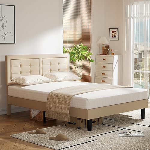 VECELO Queen Size Upholstered Bed Frame with Height Adjustable Fabric Headboard, Heavy-Duty Platform Bedframe/Mattress Foundation/Strong Wood Slat Support/No Box Spring Needed, Beige