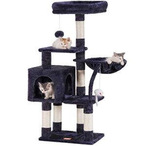heybly cat tree with toy, cat tower condo for indoor cats, cat house with padded plush perch, cozy hammock and sisal scratching posts, smoky gray hct004sg