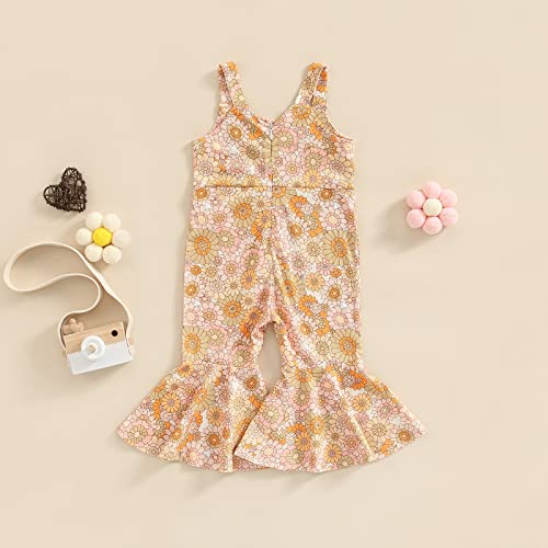 ZyHwShine Girls Flare Outfits One Piece Flower Print Strap Jumpsuit Overalls Bell-Bottoms Leggings Pants Toddler Hippie Outfits (Flower A, 18-24 Months)