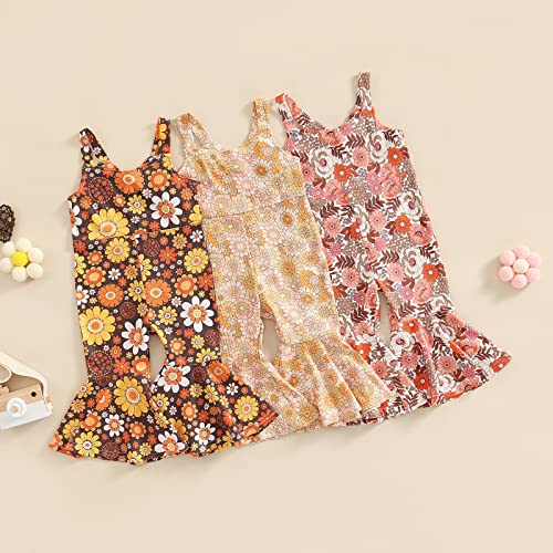 ZyHwShine Girls Flare Outfits One Piece Flower Print Strap Jumpsuit Overalls Bell-Bottoms Leggings Pants Toddler Hippie Outfits (Flower A, 18-24 Months)